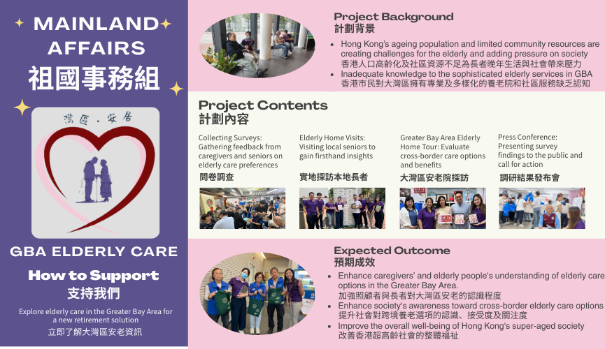 JCI Peninsula (半島青年商會) 推出的「灣區・安居 GBA ELDERLY CARE」項目，旨在應對香港現正面臨的超級老齡化社會對本地社區配套及安老資源造成的巨大壓力，同時致力於提升香港市民對大灣區內專業及多元化養老服務選擇的認知和了解。